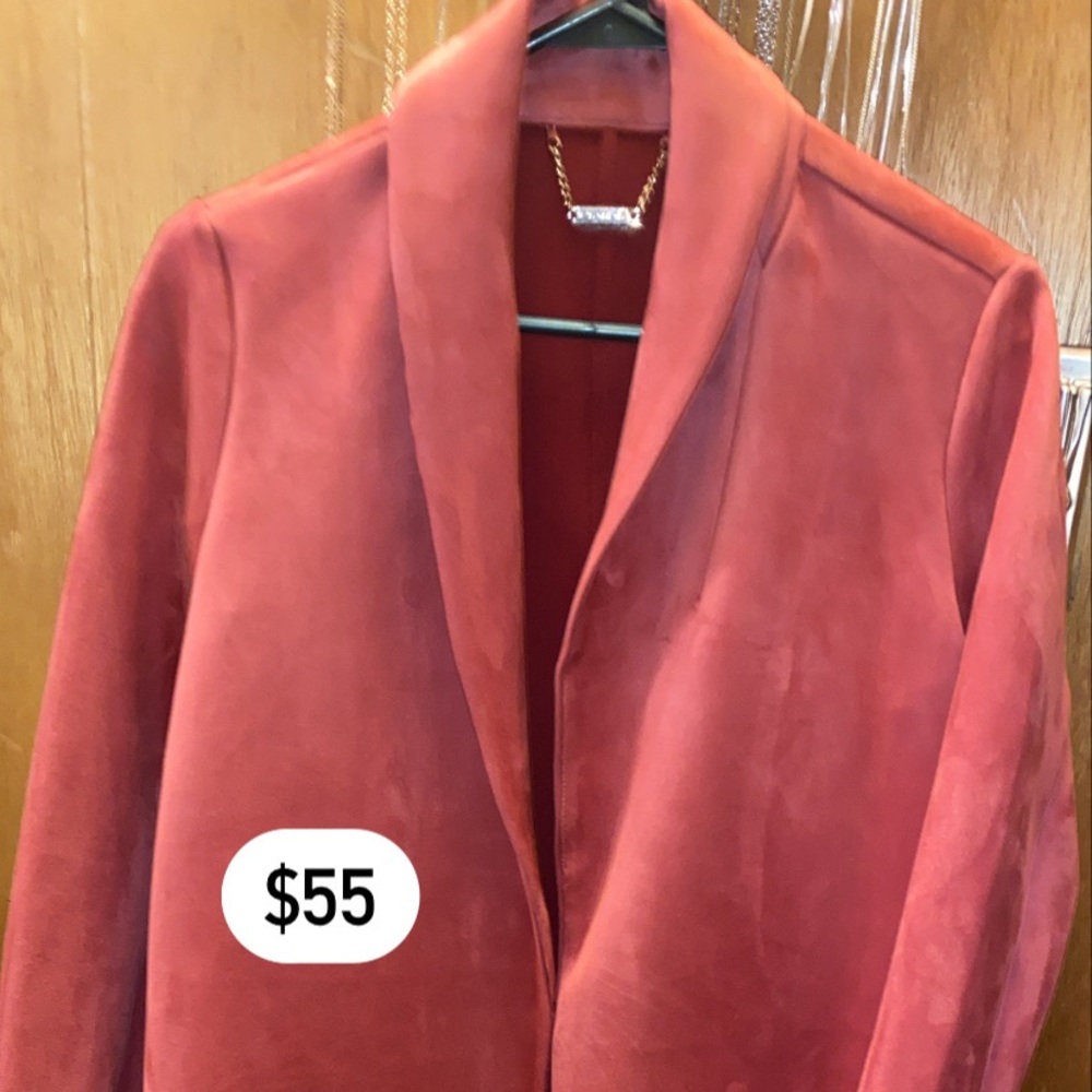 T Tahari suede Fuchsia pink berry long jacket coat